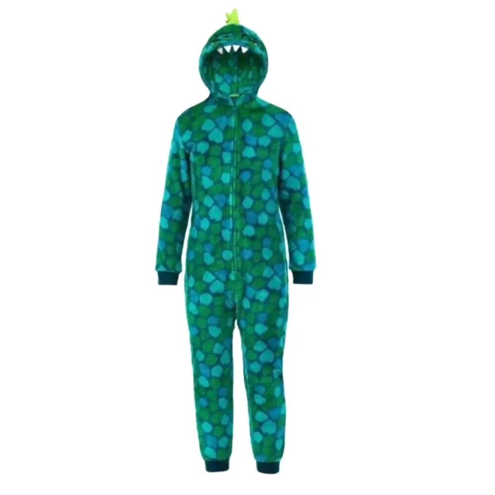 Boy Fleece Green Dinosaur One Pc Pajama Jumpsuit Hood Sleeper M 10-12 Saint Eve